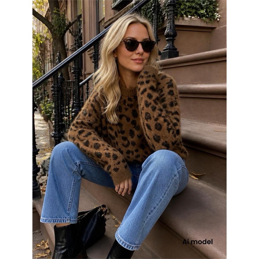 Lucca Leopard Print Eyelash Knit Sweater Brown Black‎ Fuzzy Crewneck Pullover